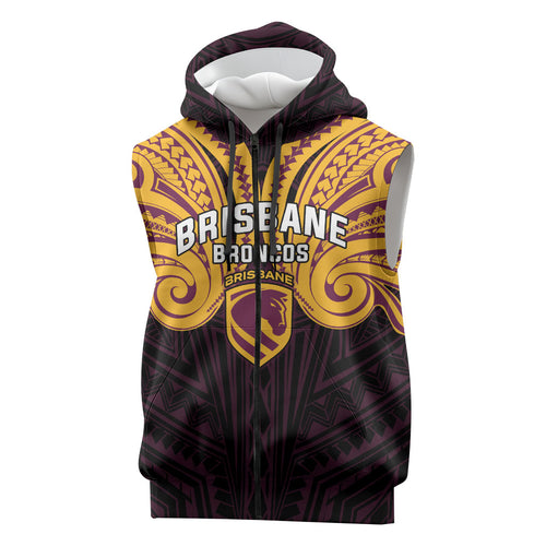 Custom Brisbane Broncos Sleeveless Zip Hoodie Horse Warrior Polynesia Islander Rugby Mascot