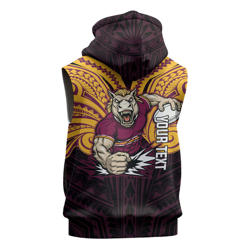 Custom Brisbane Broncos Sleeveless Zip Hoodie Horse Warrior Polynesia Islander Rugby Mascot