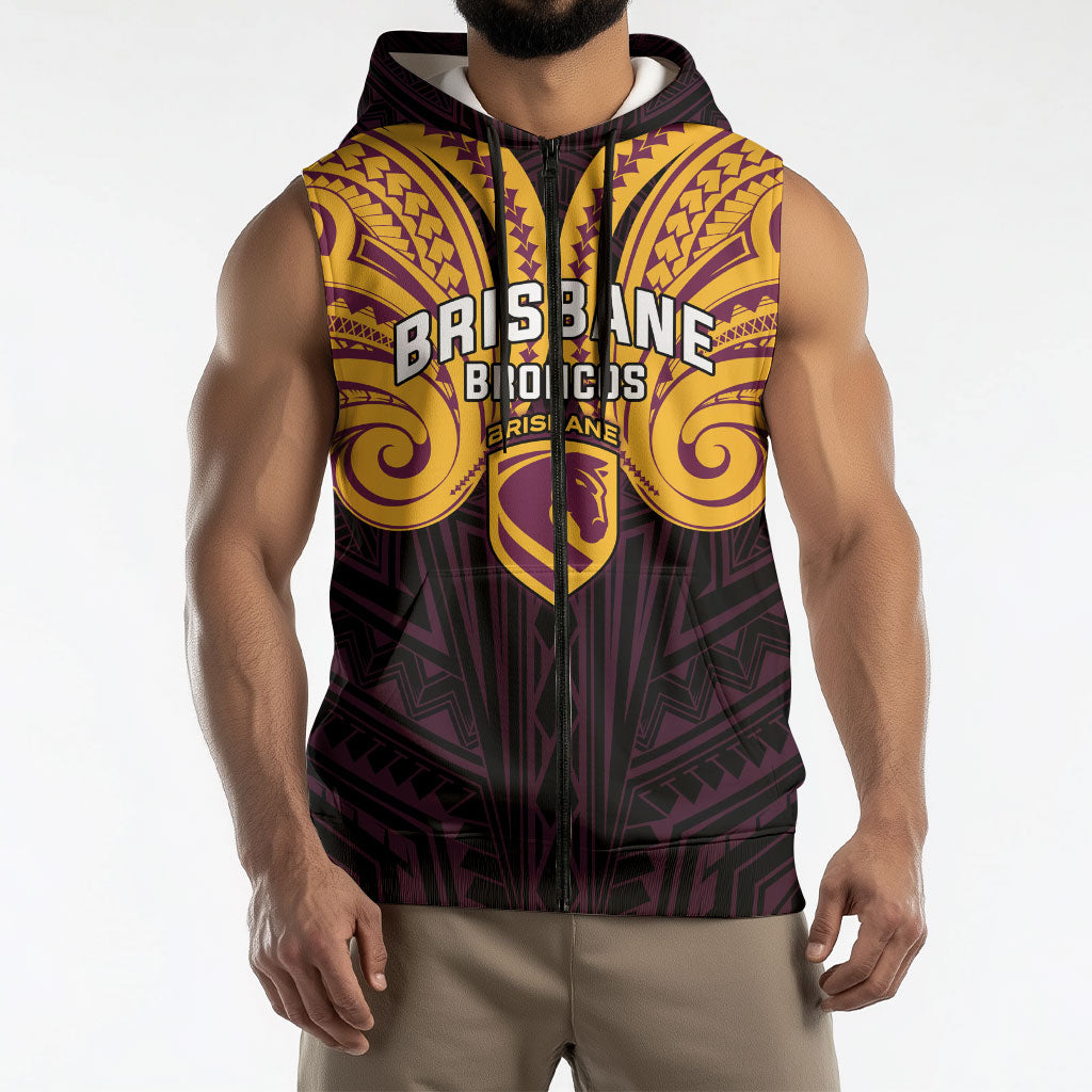 Custom Brisbane Broncos Sleeveless Zip Hoodie Horse Warrior Polynesia Islander Rugby Mascot