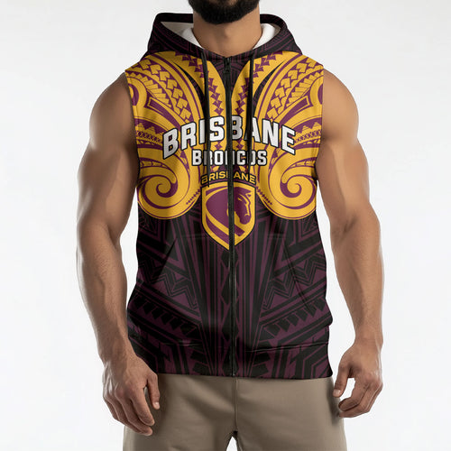 Custom Brisbane Broncos Sleeveless Zip Hoodie Horse Warrior Polynesia Islander Rugby Mascot