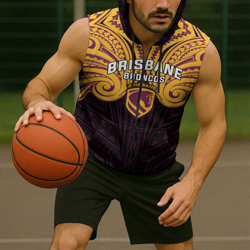 Custom Brisbane Broncos Sleeveless Zip Hoodie Horse Warrior Polynesia Islander Rugby Mascot