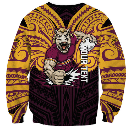 Custom Brisbane Broncos Sweatshirt Horse Warrior Polynesia Islander Rugby Mascot