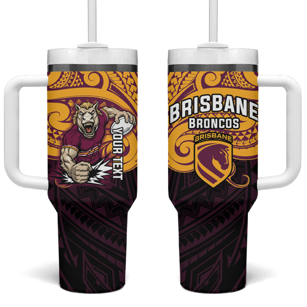 Custom Brisbane Broncos Tumbler With Handle Horse Warrior Polynesia Islander Rugby Mascot