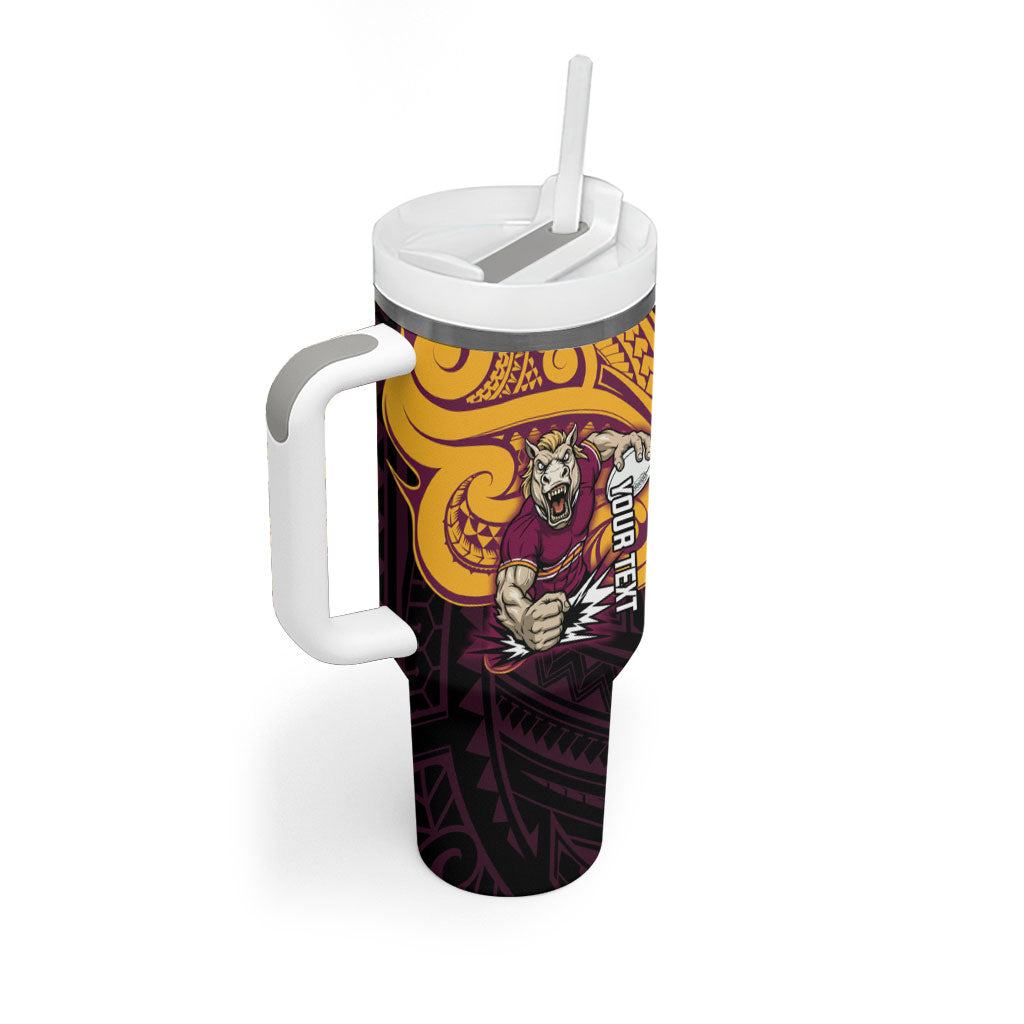 Custom Brisbane Broncos Tumbler With Handle Horse Warrior Polynesia Islander Rugby Mascot