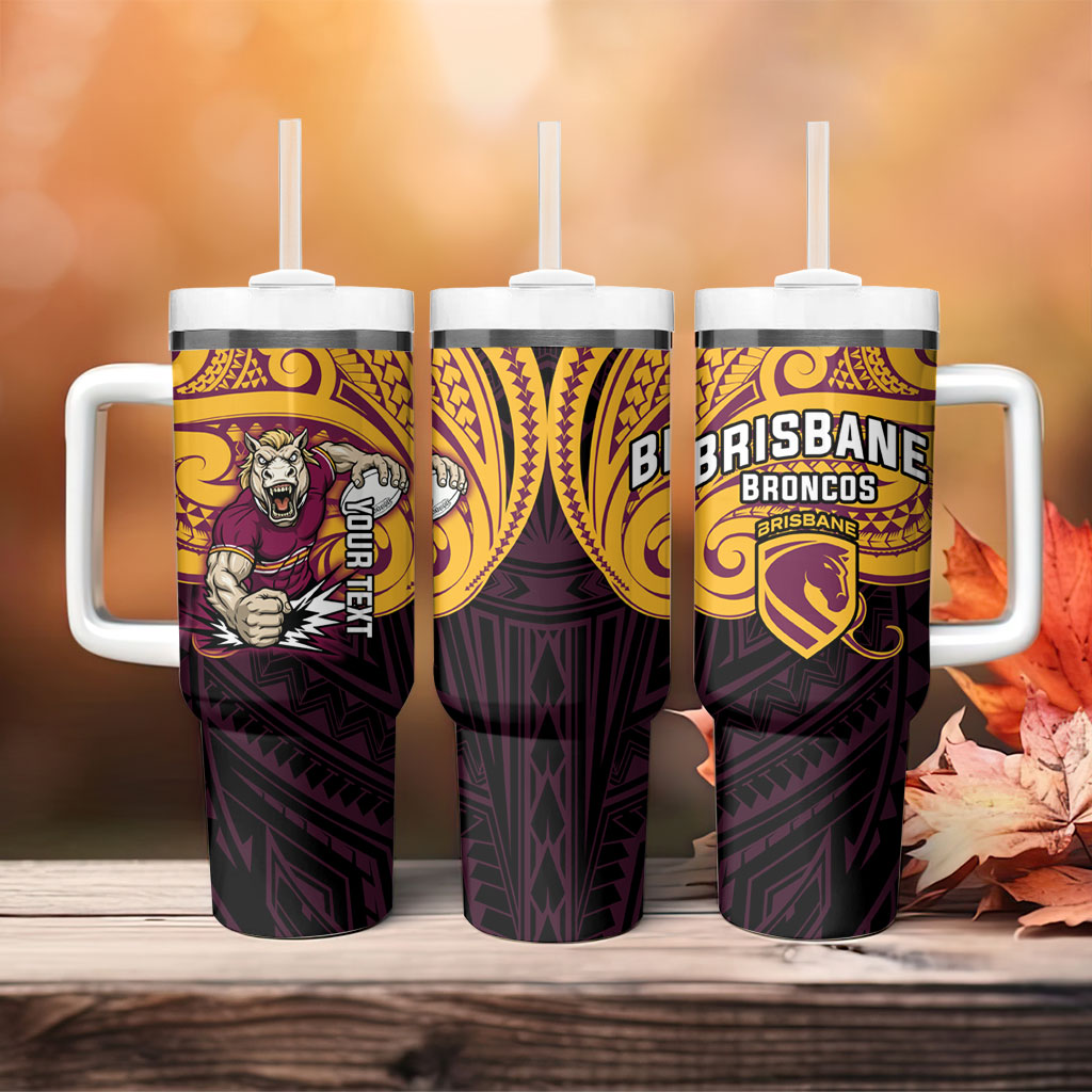 Custom Brisbane Broncos Tumbler With Handle Horse Warrior Polynesia Islander Rugby Mascot