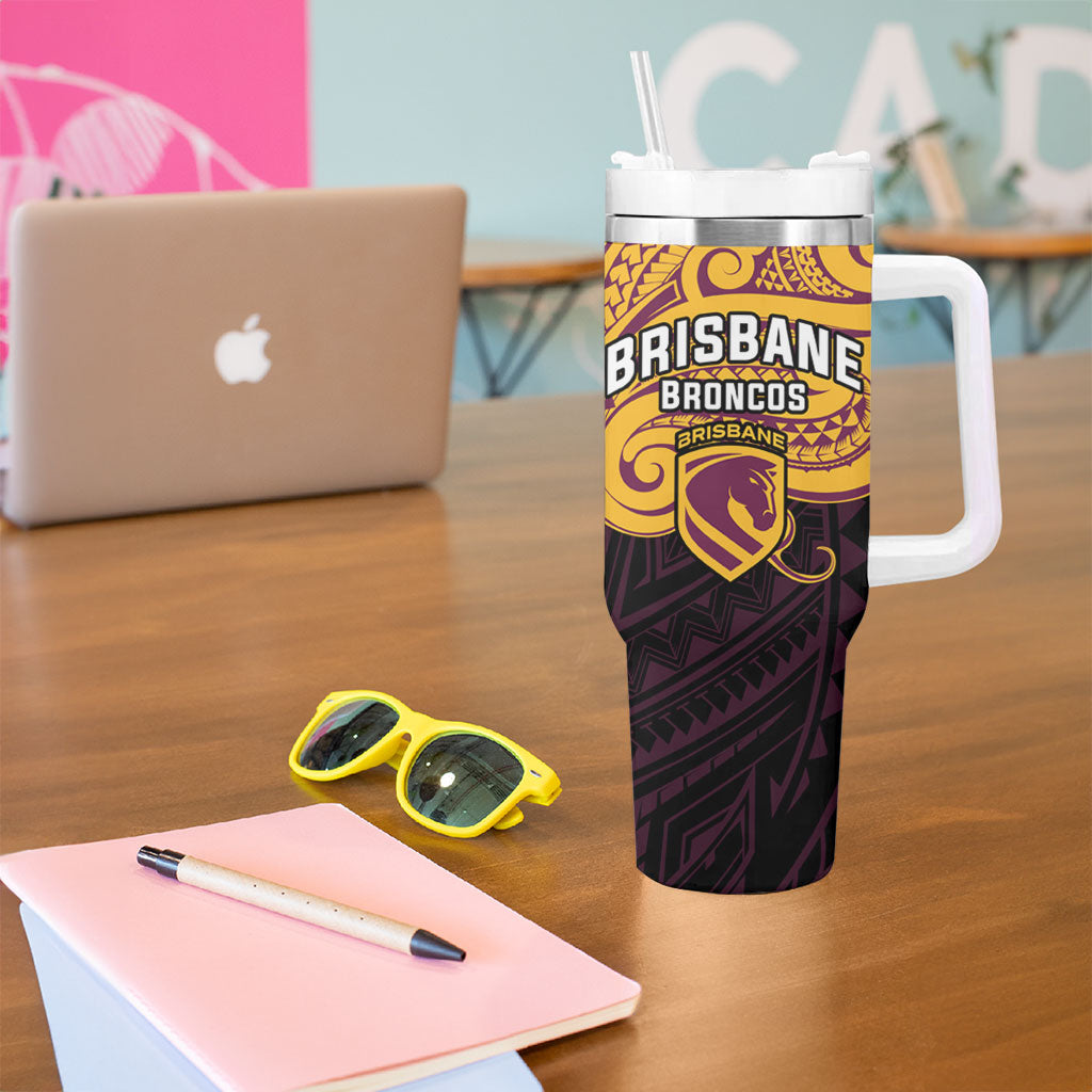 Custom Brisbane Broncos Tumbler With Handle Horse Warrior Polynesia Islander Rugby Mascot