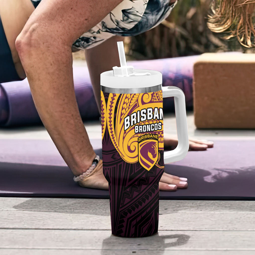 Custom Brisbane Broncos Tumbler With Handle Horse Warrior Polynesia Islander Rugby Mascot