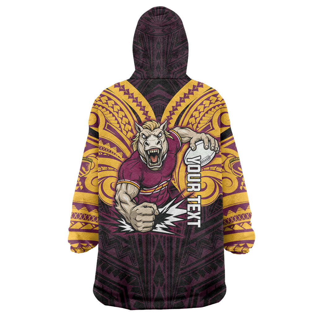 Custom Brisbane Broncos Wearable Blanket Hoodie Horse Warrior Polynesia Islander Rugby Mascot
