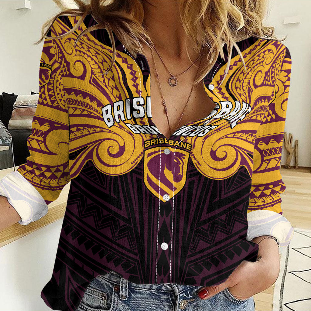 Custom Brisbane Broncos Women Casual Shirt Horse Warrior Polynesia Islander Rugby Mascot