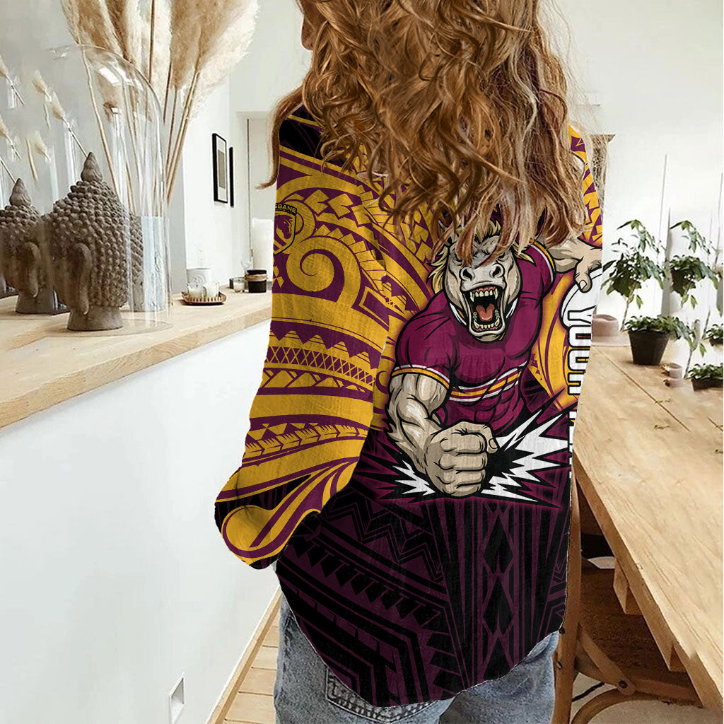 Custom Brisbane Broncos Women Casual Shirt Horse Warrior Polynesia Islander Rugby Mascot