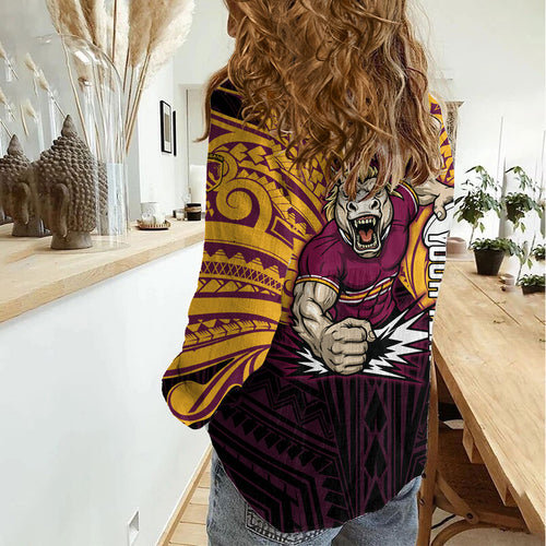 Custom Brisbane Broncos Women Casual Shirt Horse Warrior Polynesia Islander Rugby Mascot