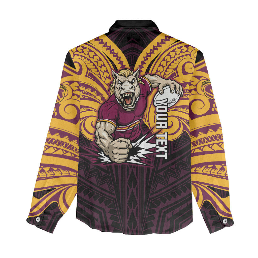 Custom Brisbane Broncos Women Casual Shirt Horse Warrior Polynesia Islander Rugby Mascot