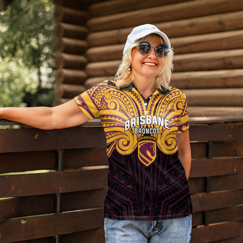 Custom Brisbane Broncos Women Polo Shirt Horse Warrior Polynesia Islander Rugby Mascot