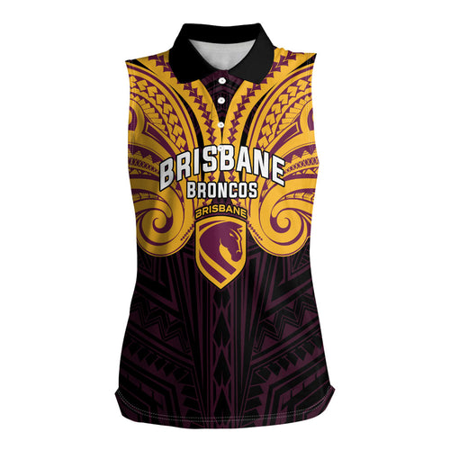 Custom Brisbane Broncos Women Sleeveless Polo Shirt Horse Warrior Polynesia Islander Rugby Mascot