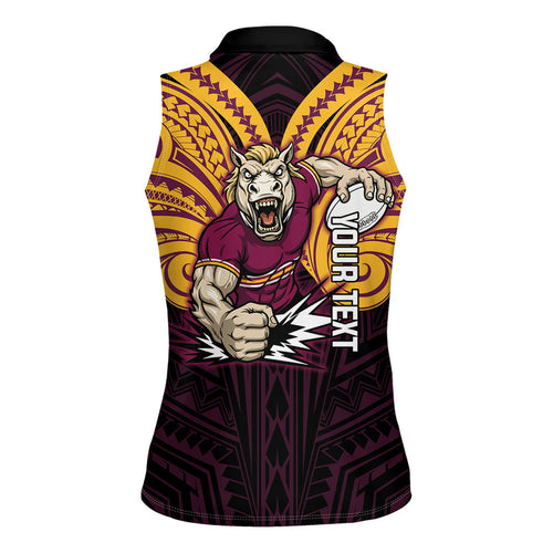 Custom Brisbane Broncos Women Sleeveless Polo Shirt Horse Warrior Polynesia Islander Rugby Mascot