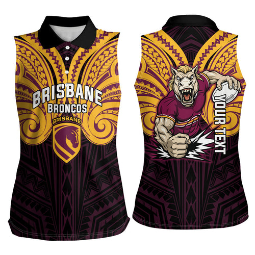 Custom Brisbane Broncos Women Sleeveless Polo Shirt Horse Warrior Polynesia Islander Rugby Mascot