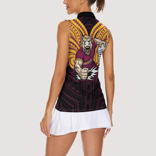 Custom Brisbane Broncos Women Sleeveless Polo Shirt Horse Warrior Polynesia Islander Rugby Mascot