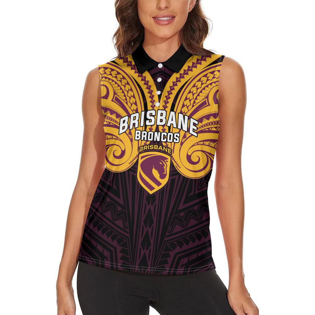 Custom Brisbane Broncos Women Sleeveless Polo Shirt Horse Warrior Polynesia Islander Rugby Mascot