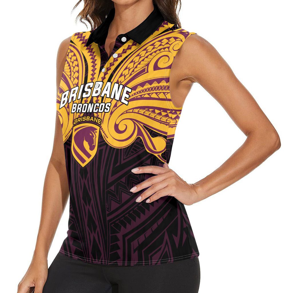 Custom Brisbane Broncos Women Sleeveless Polo Shirt Horse Warrior Polynesia Islander Rugby Mascot