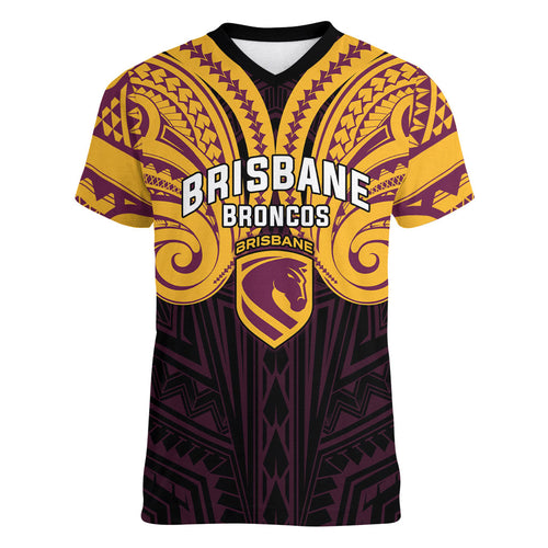 Custom Brisbane Broncos Women V-Neck T-Shirt Horse Warrior Polynesia Islander Rugby Mascot