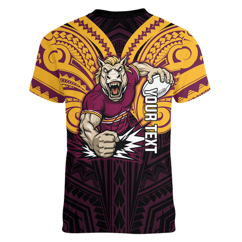 Custom Brisbane Broncos Women V-Neck T-Shirt Horse Warrior Polynesia Islander Rugby Mascot