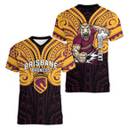 Custom Brisbane Broncos Women V-Neck T-Shirt Horse Warrior Polynesia Islander Rugby Mascot