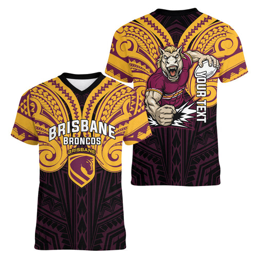 Custom Brisbane Broncos Women V-Neck T-Shirt Horse Warrior Polynesia Islander Rugby Mascot