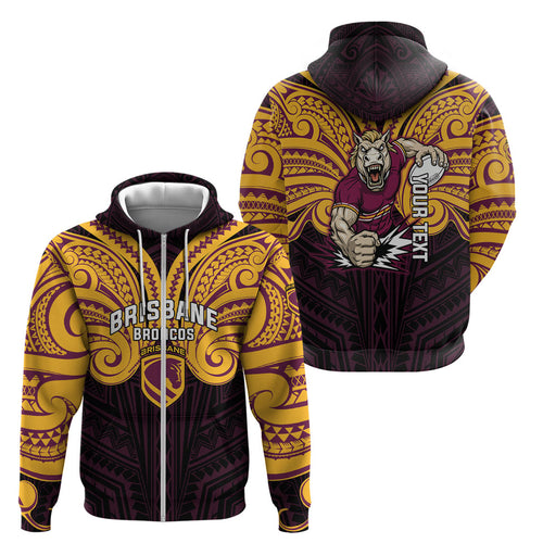 Custom Brisbane Broncos Zip Hoodie Horse Warrior Polynesia Islander Rugby Mascot