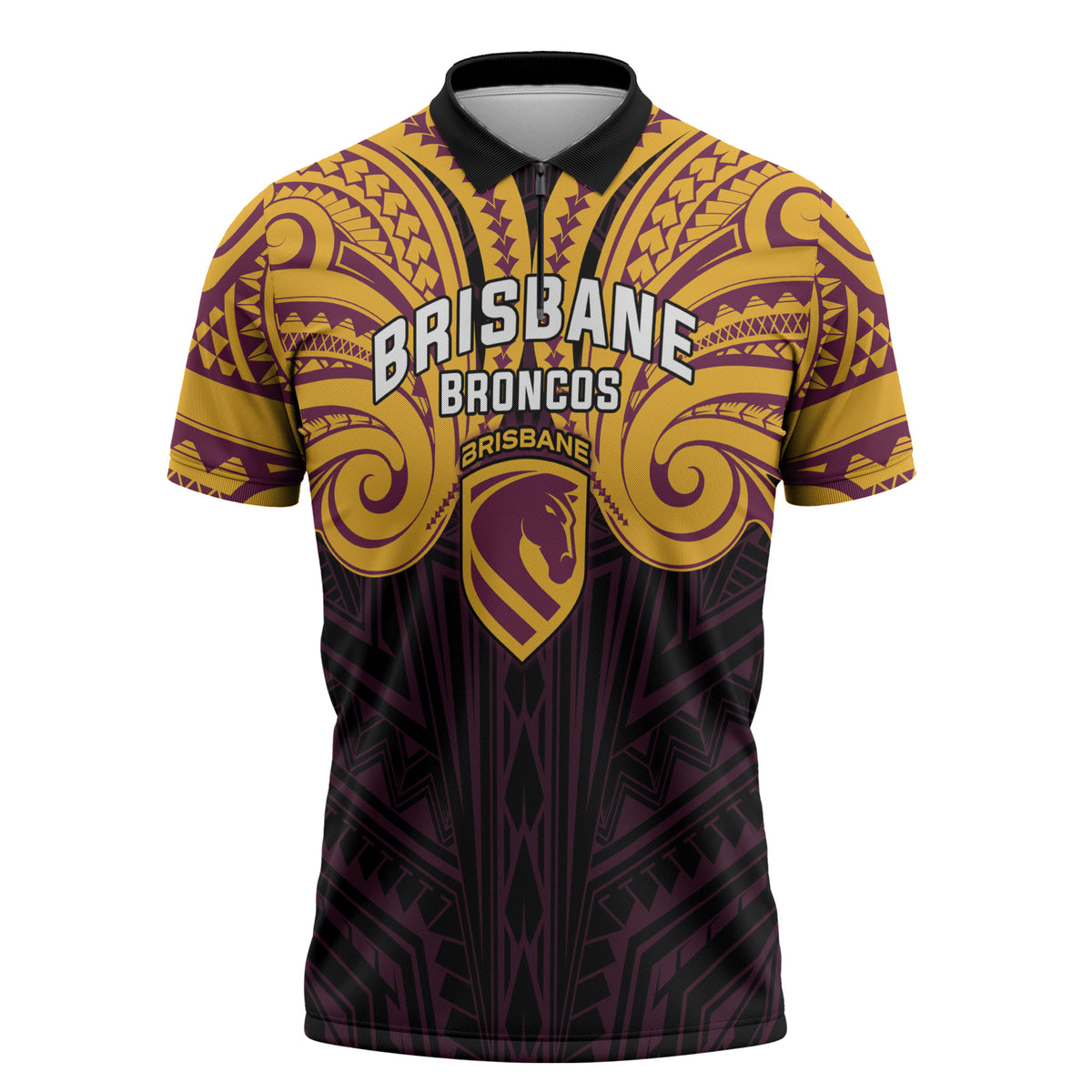 Custom Brisbane Broncos Zipper Polo Shirt Horse Warrior Polynesia Islander Rugby Mascot