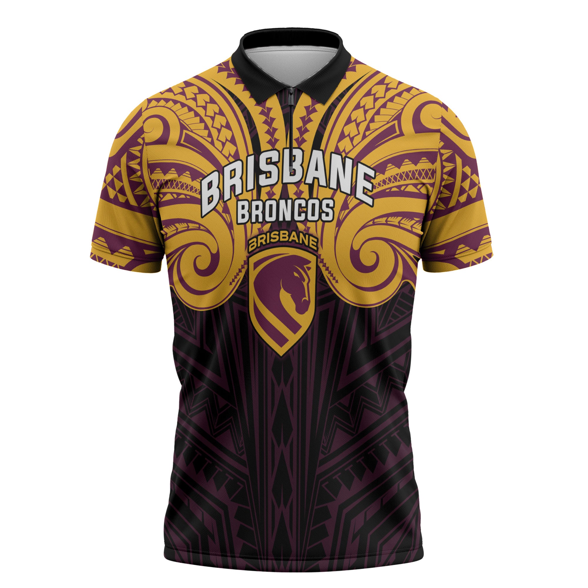 Custom Brisbane Broncos Zipper Polo Shirt Horse Warrior Polynesia Islander Rugby Mascot