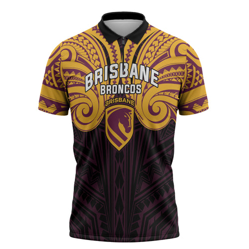 Custom Brisbane Broncos Zipper Polo Shirt Horse Warrior Polynesia Islander Rugby Mascot