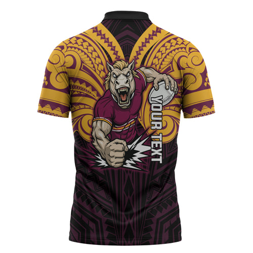Custom Brisbane Broncos Zipper Polo Shirt Horse Warrior Polynesia Islander Rugby Mascot