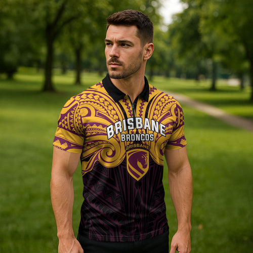 Custom Brisbane Broncos Zipper Polo Shirt Horse Warrior Polynesia Islander Rugby Mascot