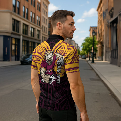 Custom Brisbane Broncos Zipper Polo Shirt Horse Warrior Polynesia Islander Rugby Mascot
