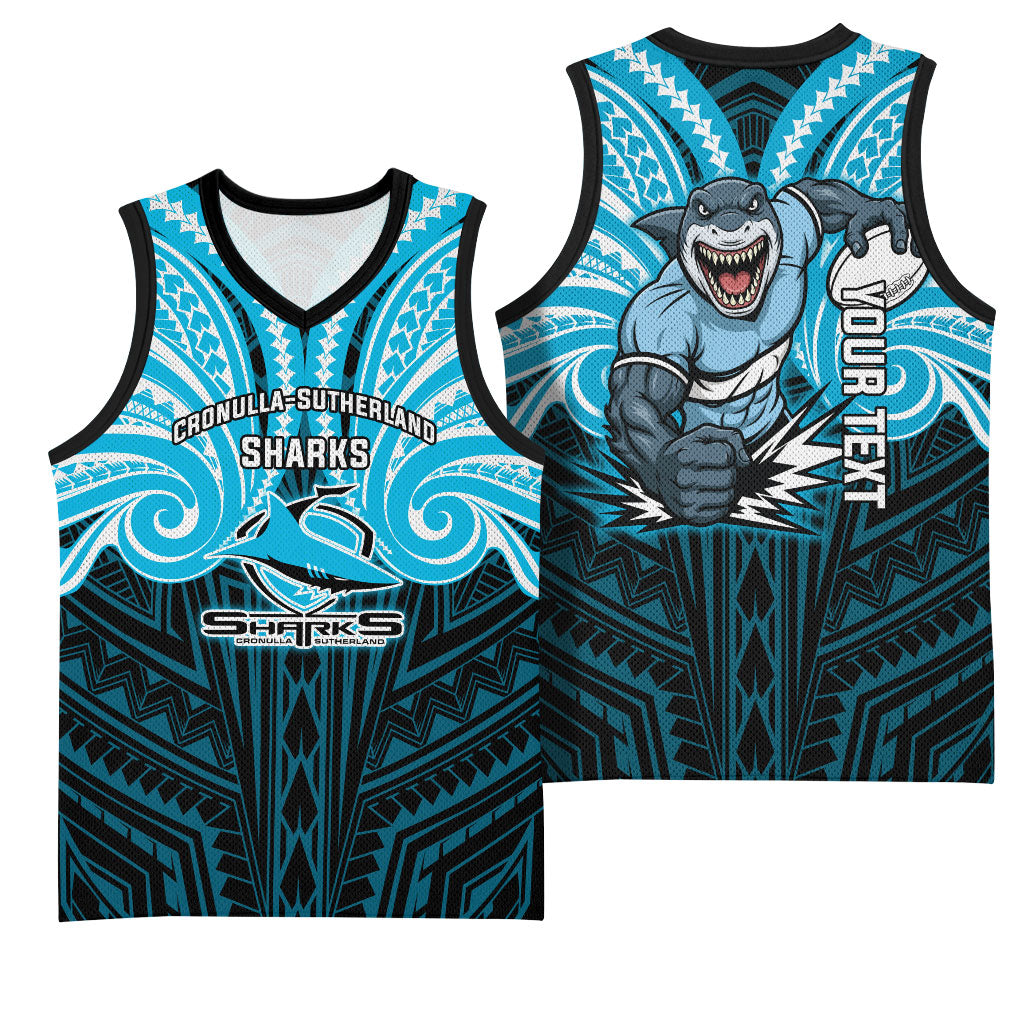 Custom Cronulla-Sutherland Sharks Basketball Jersey Shark Warrior Polynesia Islander Rugby Mascot