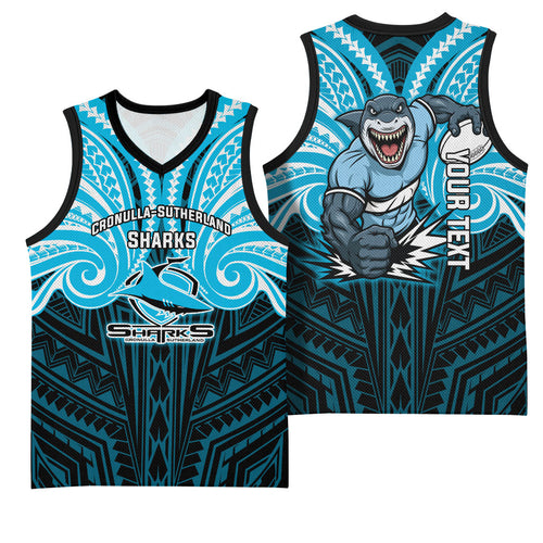 Custom Cronulla-Sutherland Sharks Basketball Jersey Shark Warrior Polynesia Islander Rugby Mascot