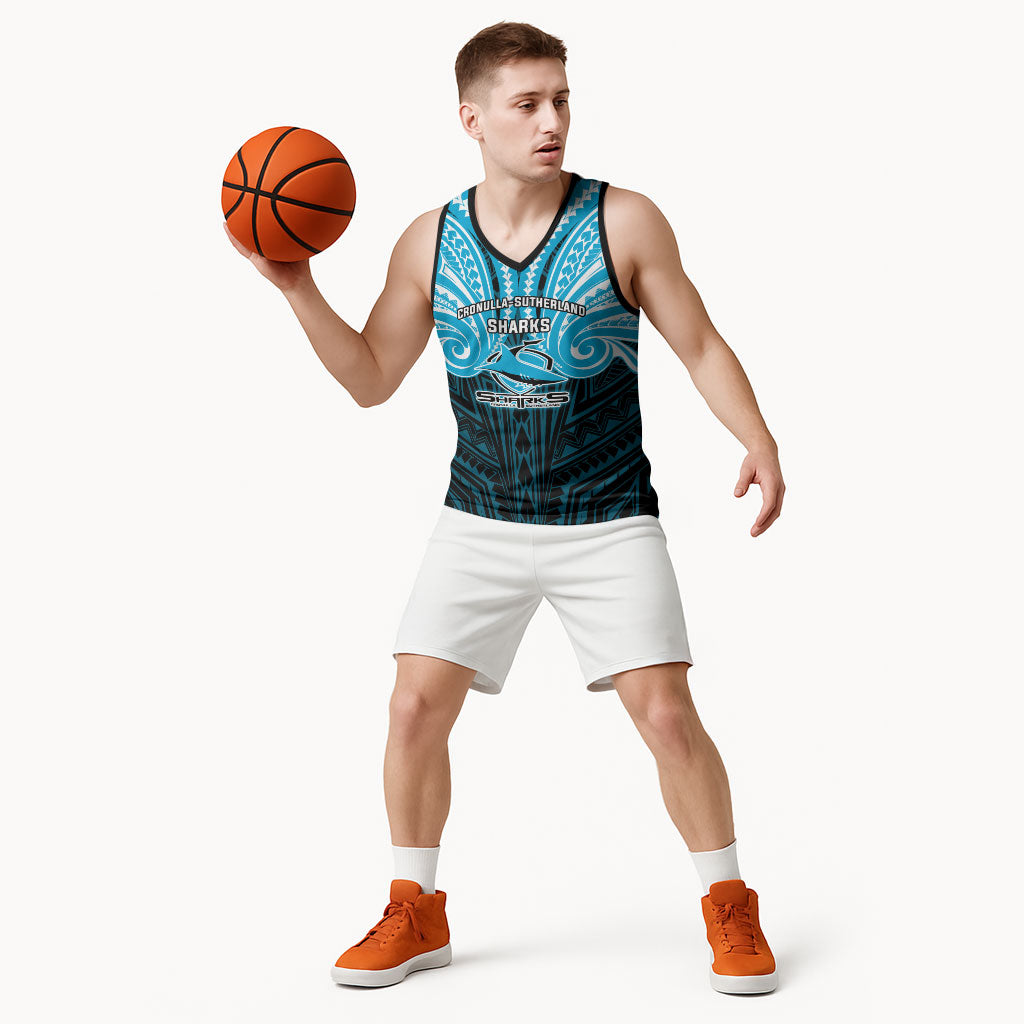Custom Cronulla-Sutherland Sharks Basketball Jersey Shark Warrior Polynesia Islander Rugby Mascot