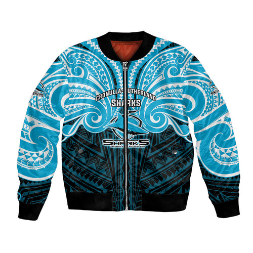 Custom Cronulla-Sutherland Sharks Bomber Jacket Shark Warrior Polynesia Islander Rugby Mascot