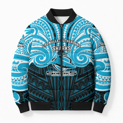 Custom Cronulla-Sutherland Sharks Bomber Puffer Jacket Shark Warrior Polynesia Islander Rugby Mascot