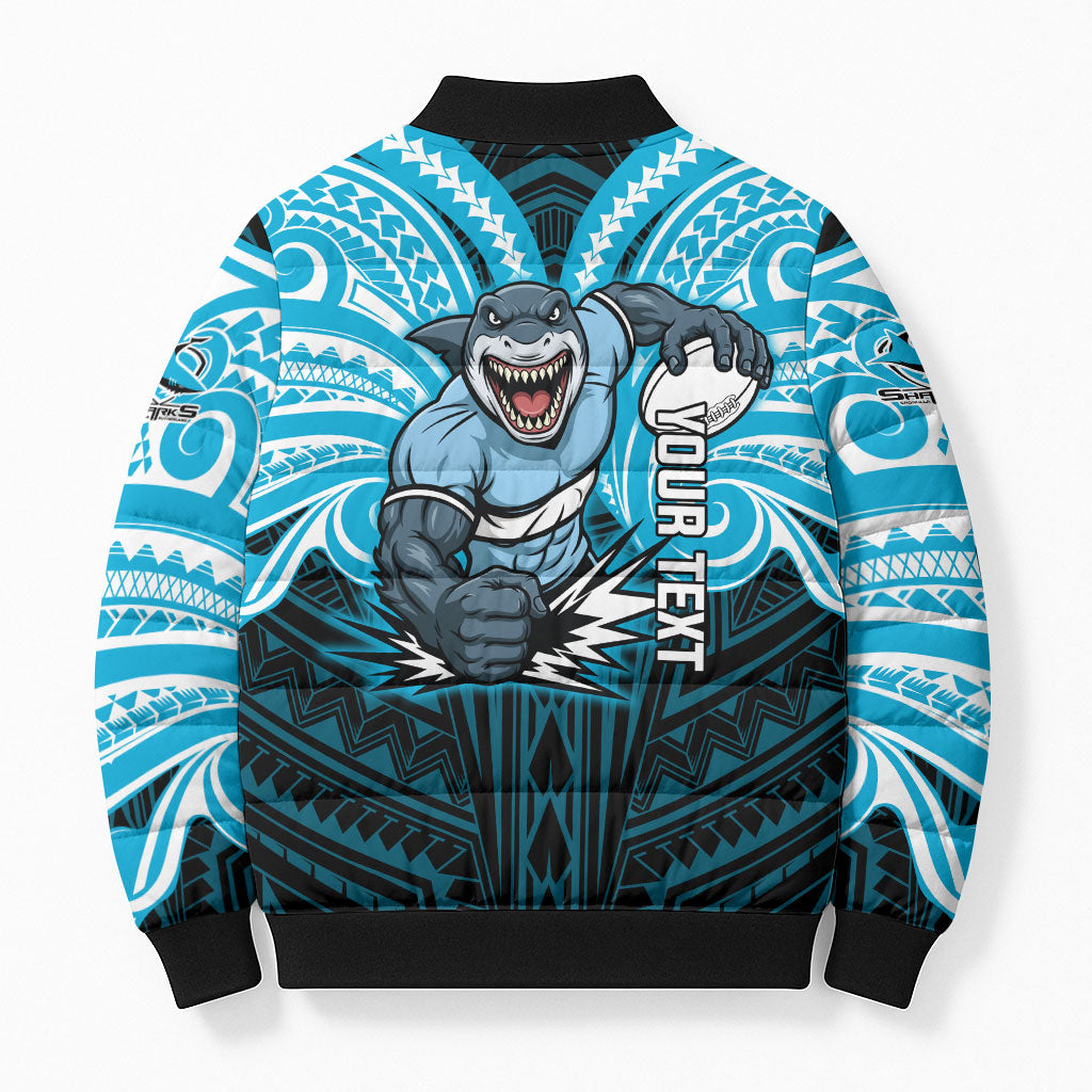 Custom Cronulla-Sutherland Sharks Bomber Puffer Jacket Shark Warrior Polynesia Islander Rugby Mascot