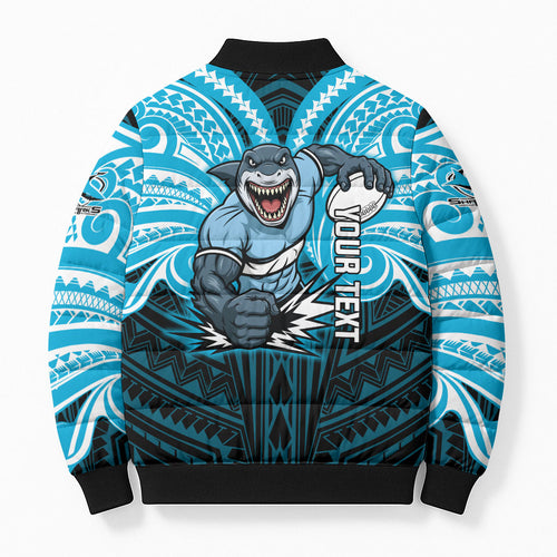 Custom Cronulla-Sutherland Sharks Bomber Puffer Jacket Shark Warrior Polynesia Islander Rugby Mascot