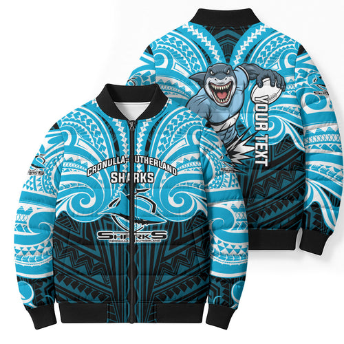 Custom Cronulla-Sutherland Sharks Bomber Puffer Jacket Shark Warrior Polynesia Islander Rugby Mascot