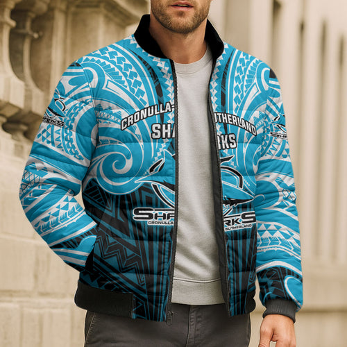Custom Cronulla-Sutherland Sharks Bomber Puffer Jacket Shark Warrior Polynesia Islander Rugby Mascot