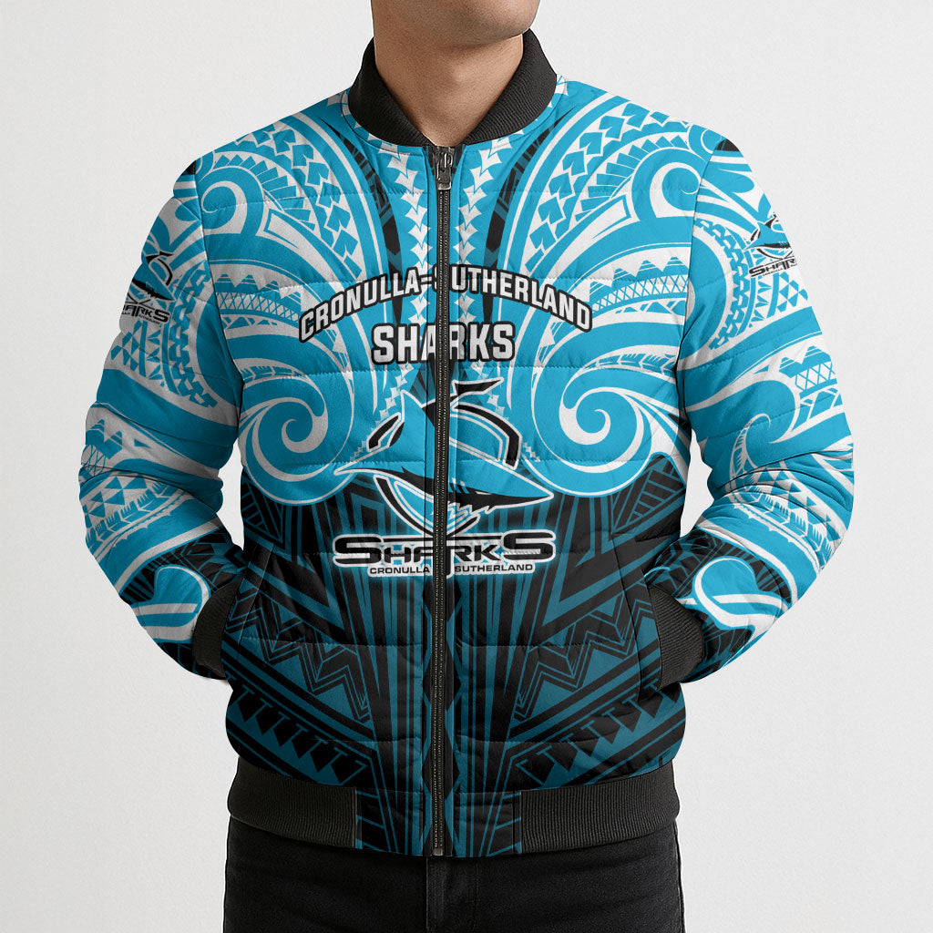 Custom Cronulla-Sutherland Sharks Bomber Puffer Jacket Shark Warrior Polynesia Islander Rugby Mascot