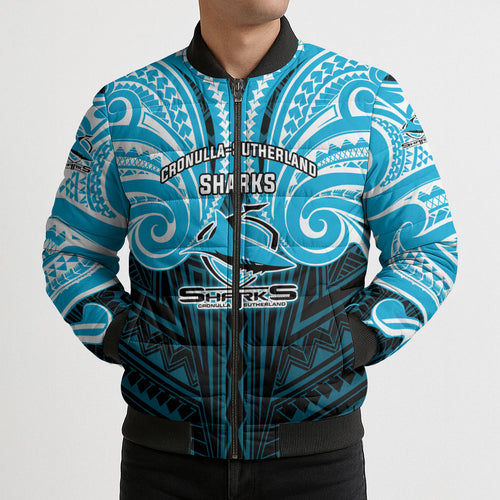 Custom Cronulla-Sutherland Sharks Bomber Puffer Jacket Shark Warrior Polynesia Islander Rugby Mascot