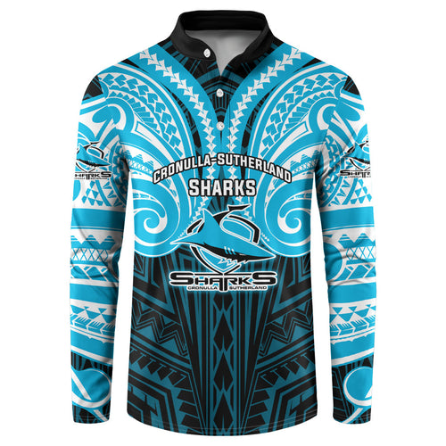 Custom Cronulla-Sutherland Sharks Button Sweatshirt Shark Warrior Polynesia Islander Rugby Mascot