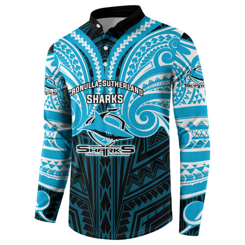 Custom Cronulla-Sutherland Sharks Button Sweatshirt Shark Warrior Polynesia Islander Rugby Mascot