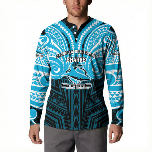 Custom Cronulla-Sutherland Sharks Button Sweatshirt Shark Warrior Polynesia Islander Rugby Mascot