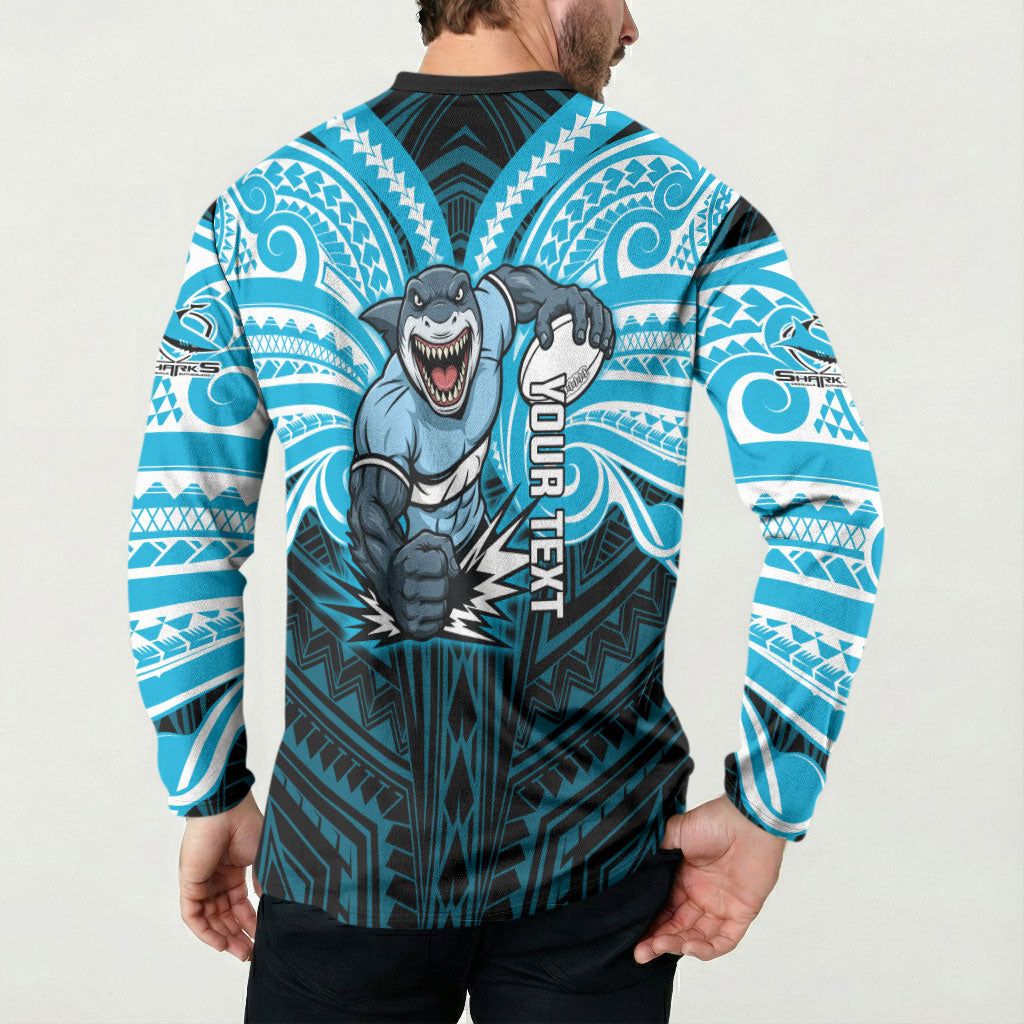 Custom Cronulla-Sutherland Sharks Button Sweatshirt Shark Warrior Polynesia Islander Rugby Mascot