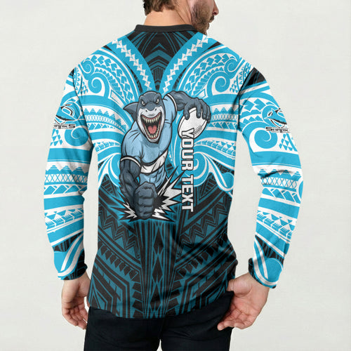 Custom Cronulla-Sutherland Sharks Button Sweatshirt Shark Warrior Polynesia Islander Rugby Mascot